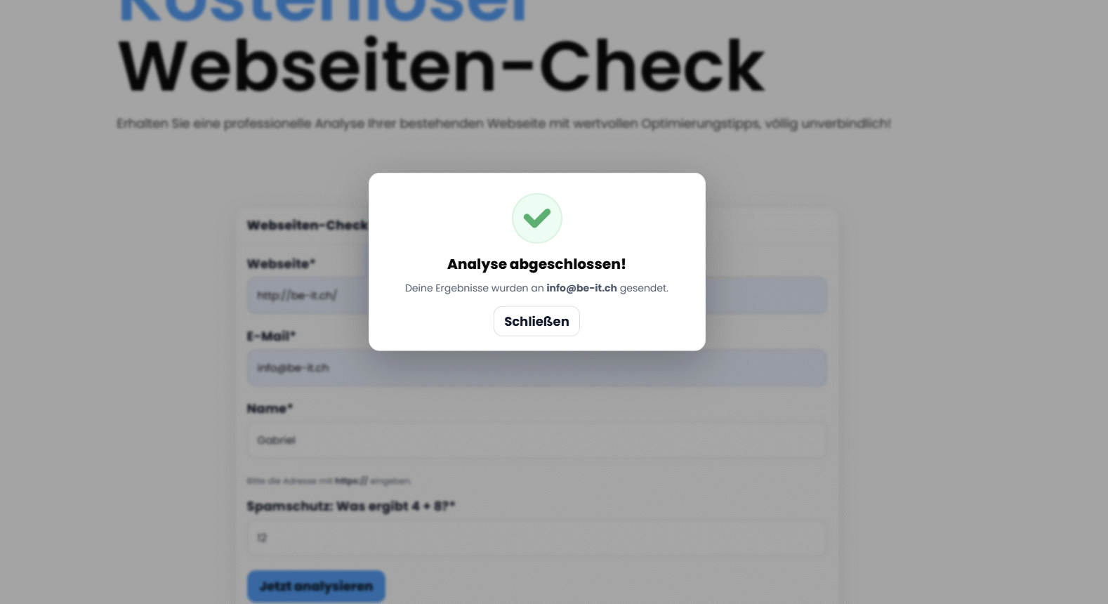 Webseiten Check Erfolgsmeldung